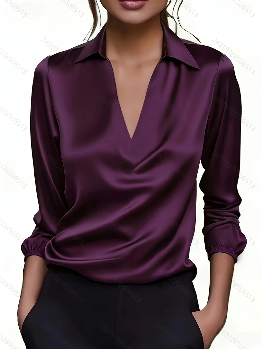 Women'S Elegant Shimmering V-Neck Long Sleeve Shirt - Fuchsia