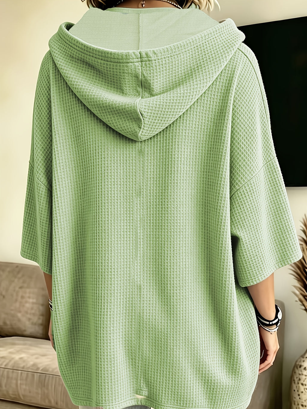 Women's Elegant Casual Solid Color Loose Fit Hooded Fashion Waffle Sweatshirt Top - Light Green