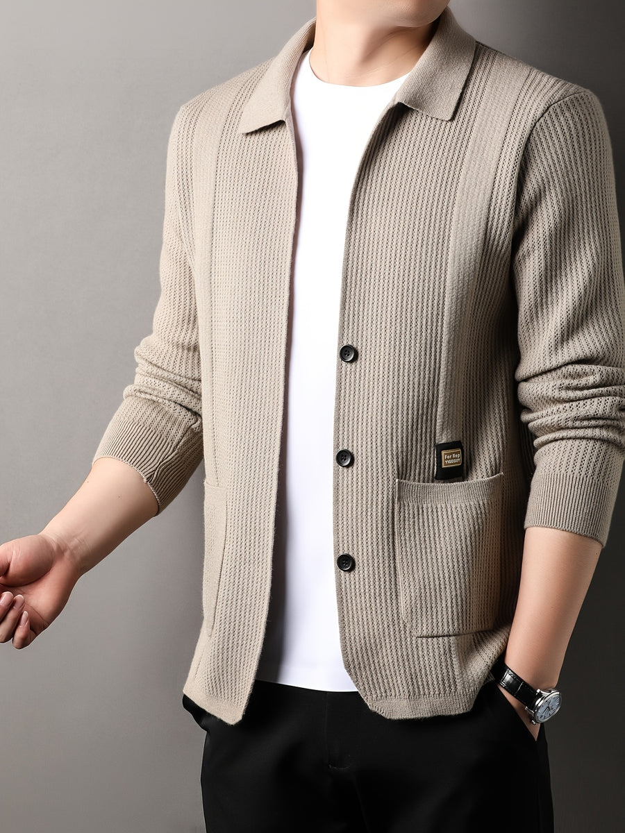 Du Jing Lan OBM Spring/Autumn New Arrival Men's Knit Cardigan, Old Money Style Solid Color Striped Single-Breasted Open Front Lapel Knit Cardigan, Men's Business Casual Fashion Single-Breasted Open Front Knit Cardigan Top, Suitable for Spring - Khaki 1