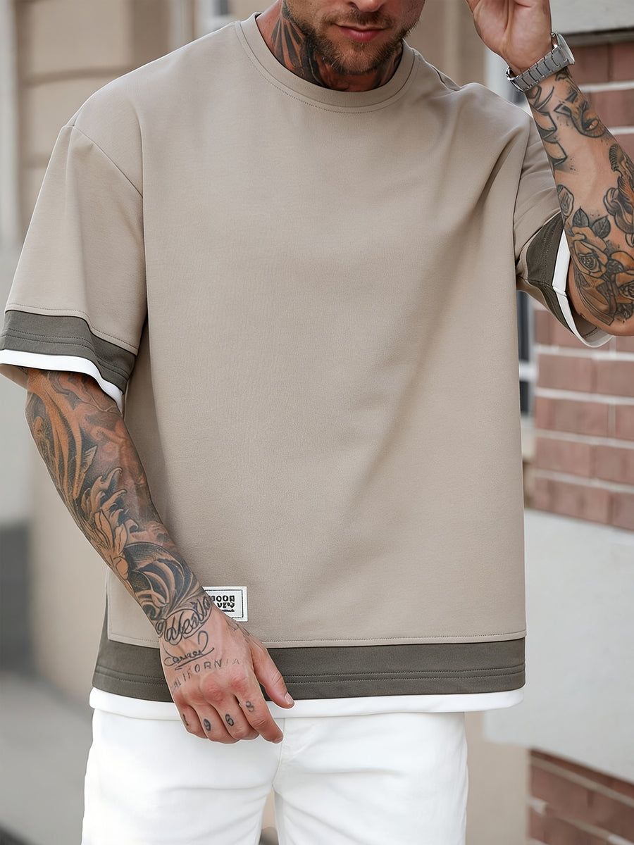 [Joshmay Obm] Summer Men'S Fake Two-Piece Contrast Short Sleeve T-Shirt, Loose Round Neck Trendy Casual Half Sleeve Top - Gray Apricot