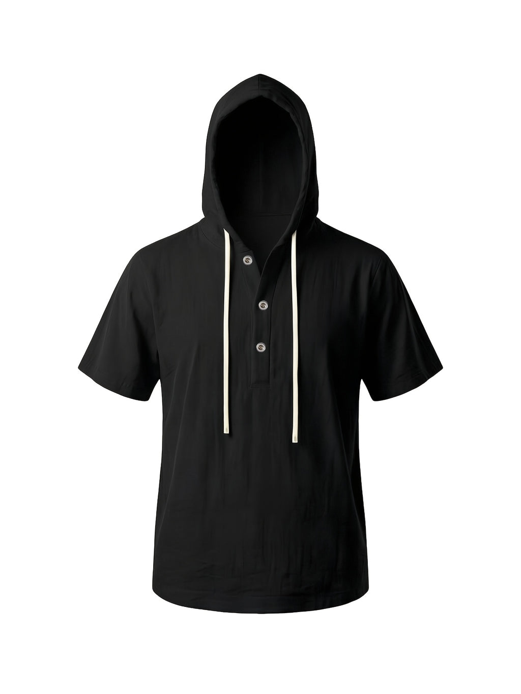 Men'S Summer Hooded Short Sleeve T-Shirt, Henley Collar Half-Open Placket Button Design, Drawstring Decor Breathable Comfortable Loose Casual Home Vacation Top, Holiday Gift - Black