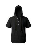 Men'S Summer Hooded Short Sleeve T-Shirt, Henley Collar Half-Open Placket Button Design, Drawstring Decor Breathable Comfortable Loose Casual Home Vacation Top, Holiday Gift - Black