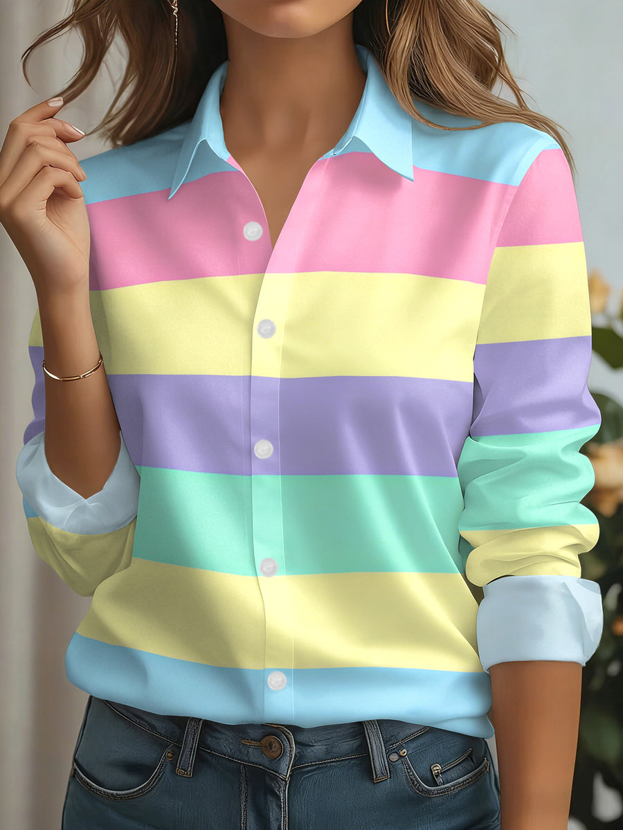 New Women's Long-sleeve Shirt with Soft-toned Horizontal Stripes in Alternating Blue, Pink, Yellow, Purple, and Green. A Versatile Commuting and Casual Top, Machine Washable, Button-up Printed Shirt - Multicolor