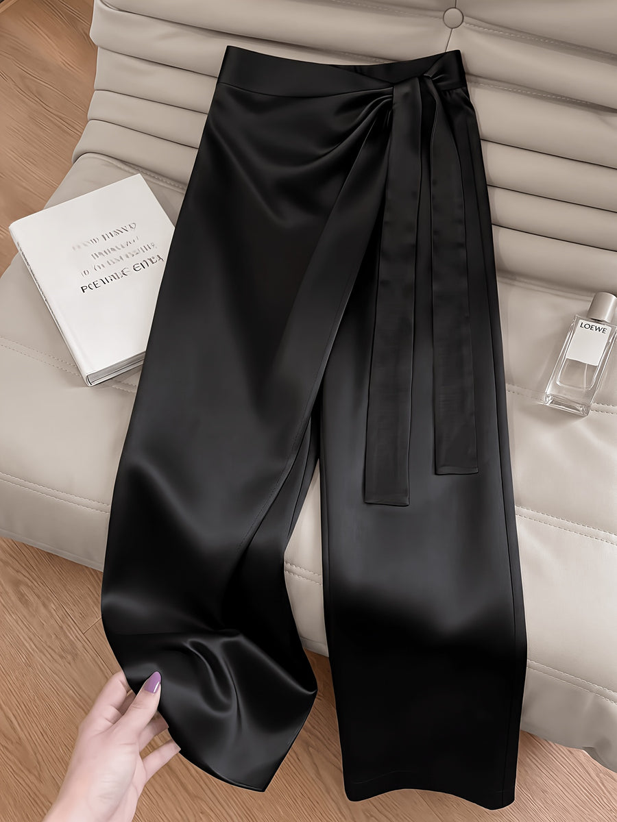 Women'S Fashion Commuter Satin Irregular Lace Bow Zipper Wide-Leg Long Pants - Black