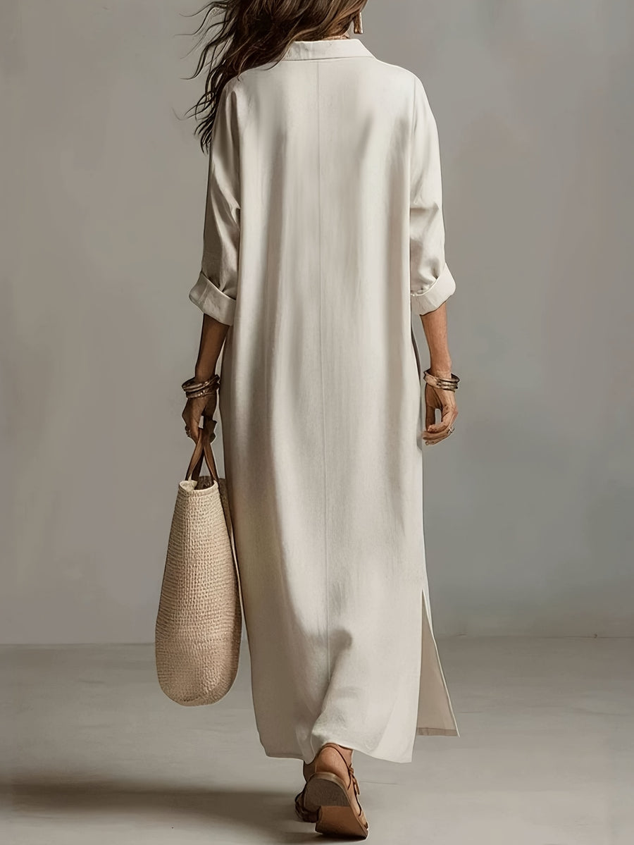 Autumn Casual Solid Color Lazy Style Long Sleeve Shirt Dress for Women, Double Pocket Design, Loose Fit with Side Slit Long Dress, Adds a Touch of Vintage Charm, Moderately Thick, Breathable, Skin-Friendly, and Soft Fabric, Versatile Style - Milky