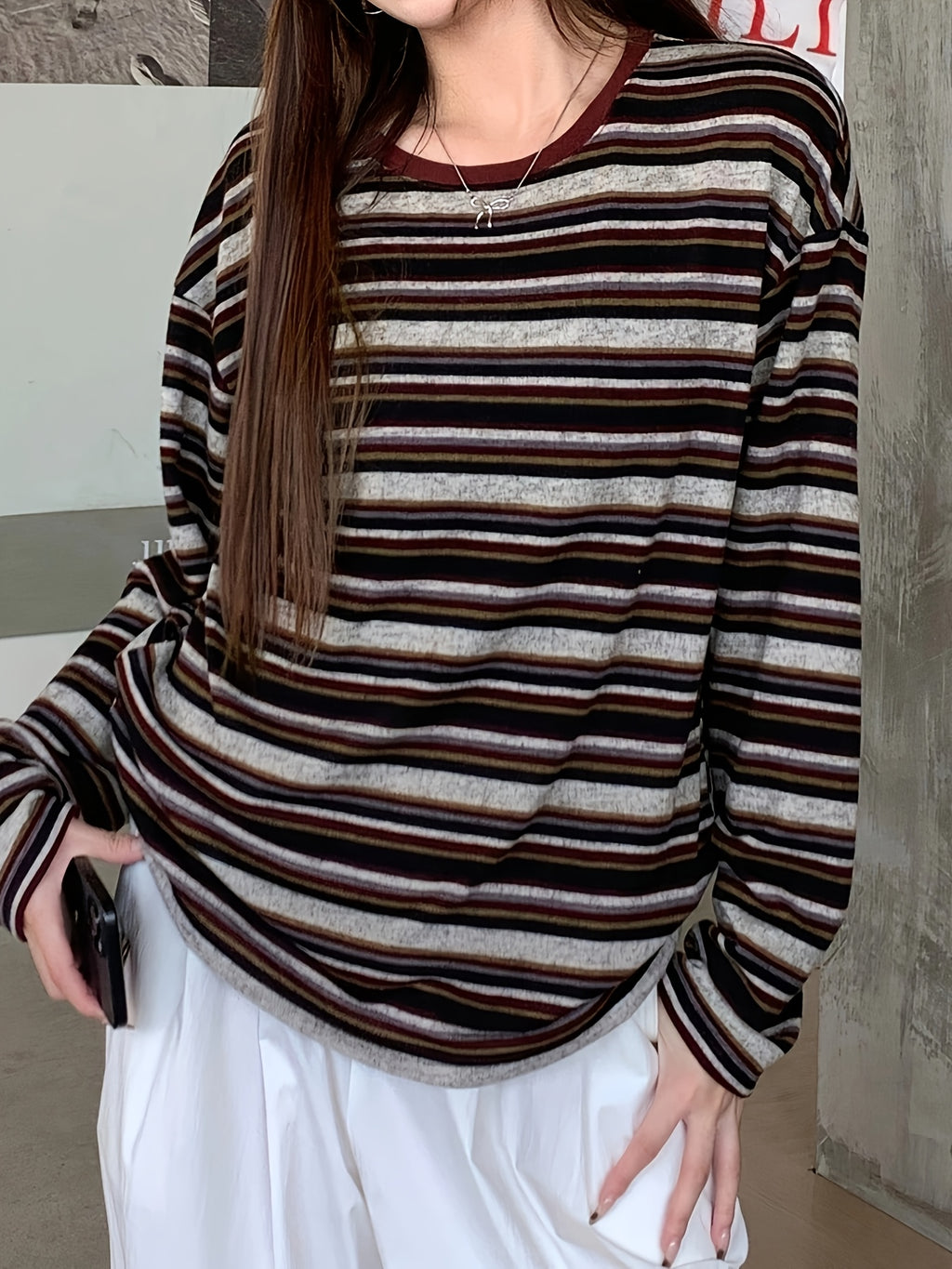 Women's Striped Crew-neck Long-sleeve T-shirt, a Versatile Style for Commuting and a Campus Look - Mixed colors
