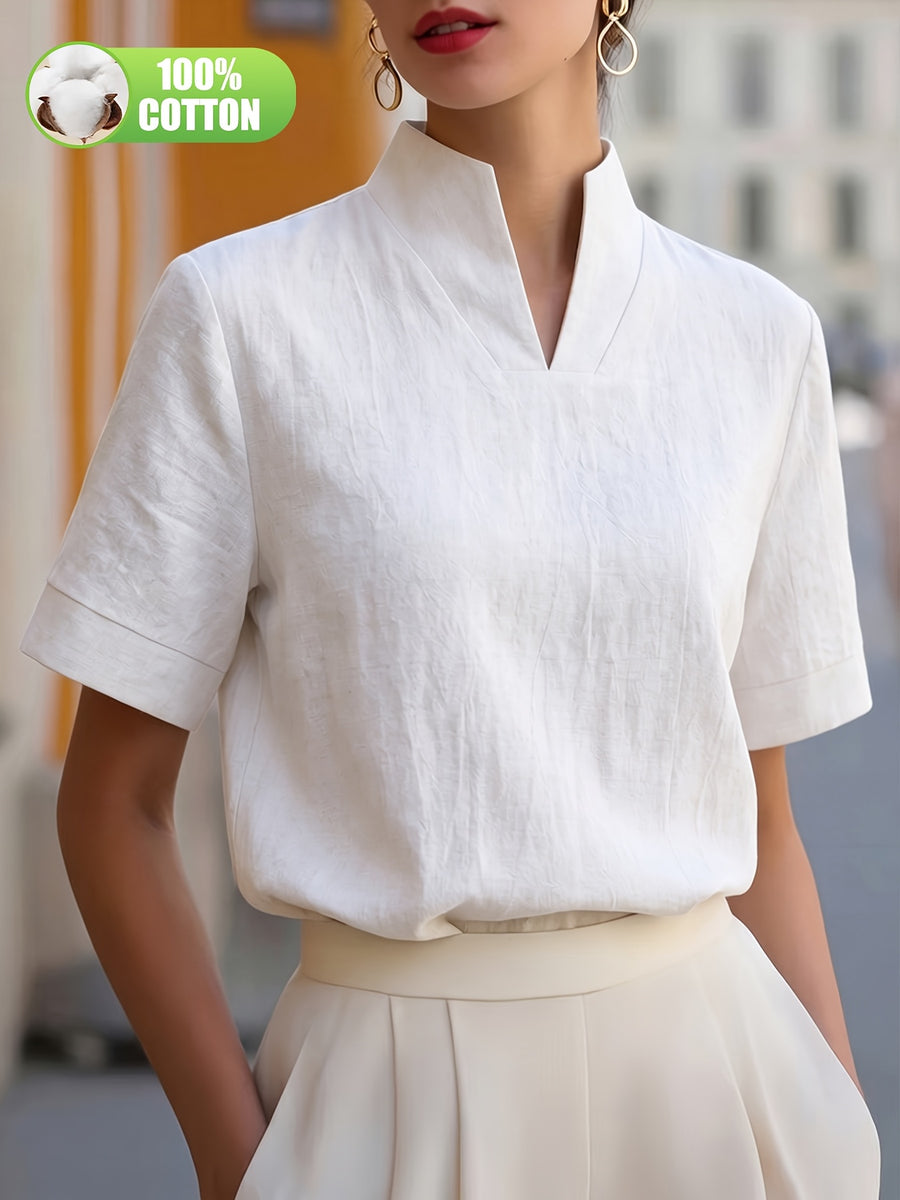 Elegant and Summer New Style Fashionable 100% V-Neck Back Zipper Short Sleeve Everyday Versatile T-Shirt Top ASD1 for Women of Distinguished Temperament - White