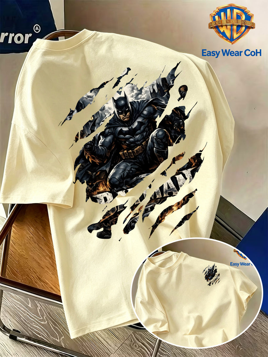 Warner Authorized New Men'S Casual Round Neck Short Sleeve T-Shirt, Front And Back Ripped Claw Mark Effect Batman Creative Pattern Print, Trendy Cool Individual Men'S Top, Niche Print Non-Collision Style, Soft Skin-Friendly Breathable Fabric - Apricot