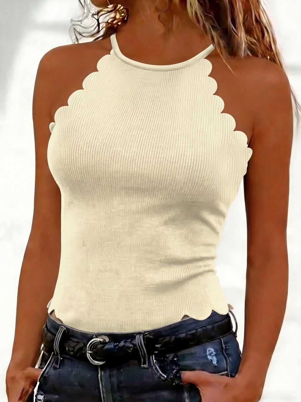 Solid Color Off-The-Shoulder Petal Trim Sleeveless Top, Western Style Women'S Easy Spicy Outfit, Spring Summer Niche Cool Outer Layer Base Layer Off-Shoulder Vest - Apricot