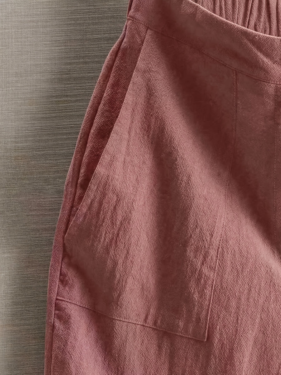 SQ26032726 Women'S Casual Easy Design Solid Color Linen Comfortable Breathable Pocket Shorts Suitable for Going Out, Summer, Vacation, Holiday Wear - Peach