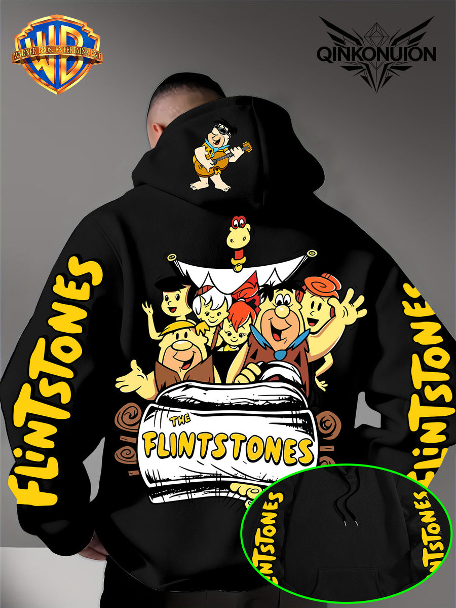 Warner Official Men's Hoodie, Stone Age Family Travel Happy Nostalgic Print Design, Machine Washable, Warm and Casual for Autumn and Winter Daily Drawstring Hoodie, Multi Functional Sports and Leisure Loose Fit - Black