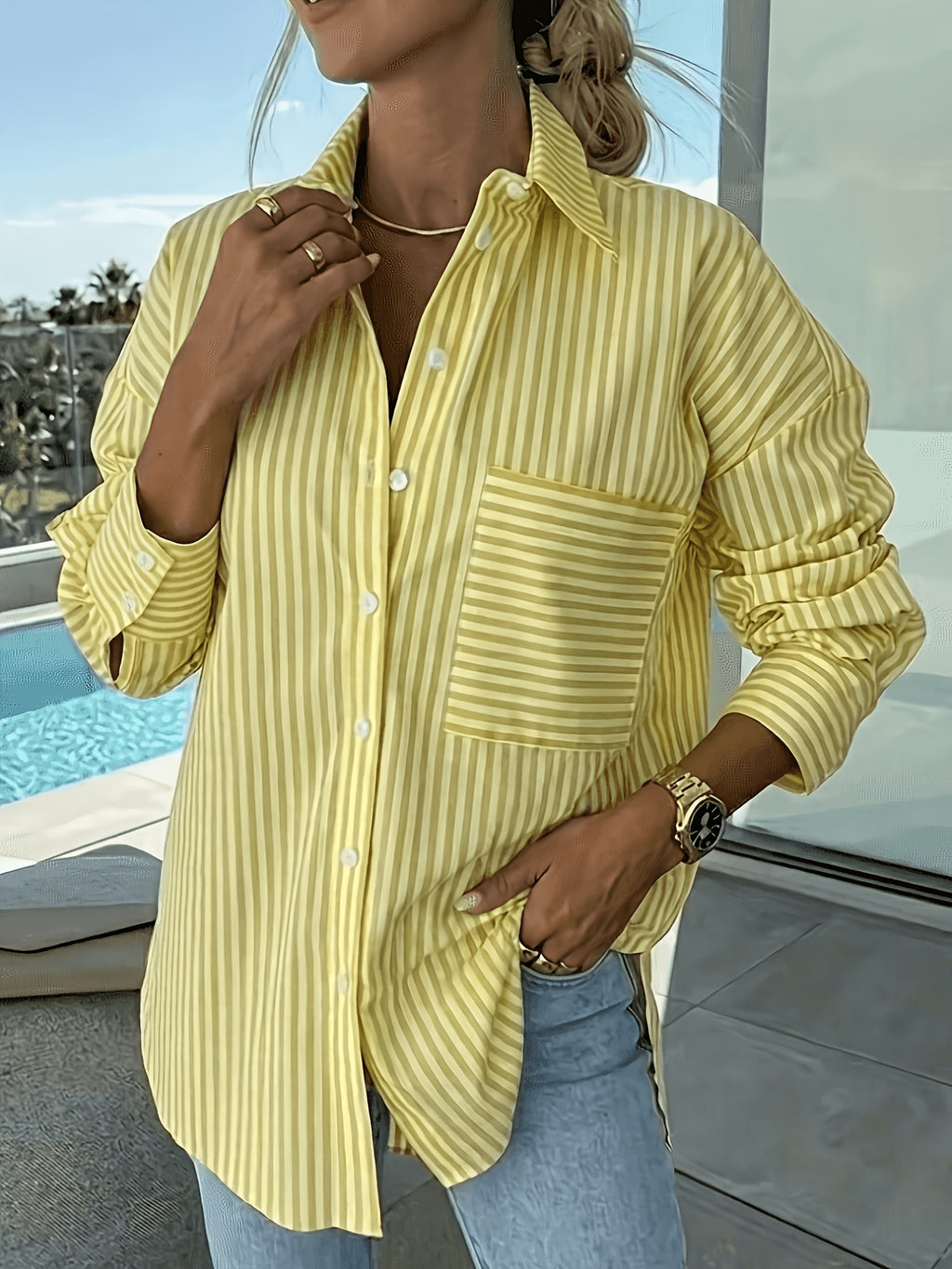 Women's Casual Loose-Fit Striped Shirt for Vacation - Yellow
