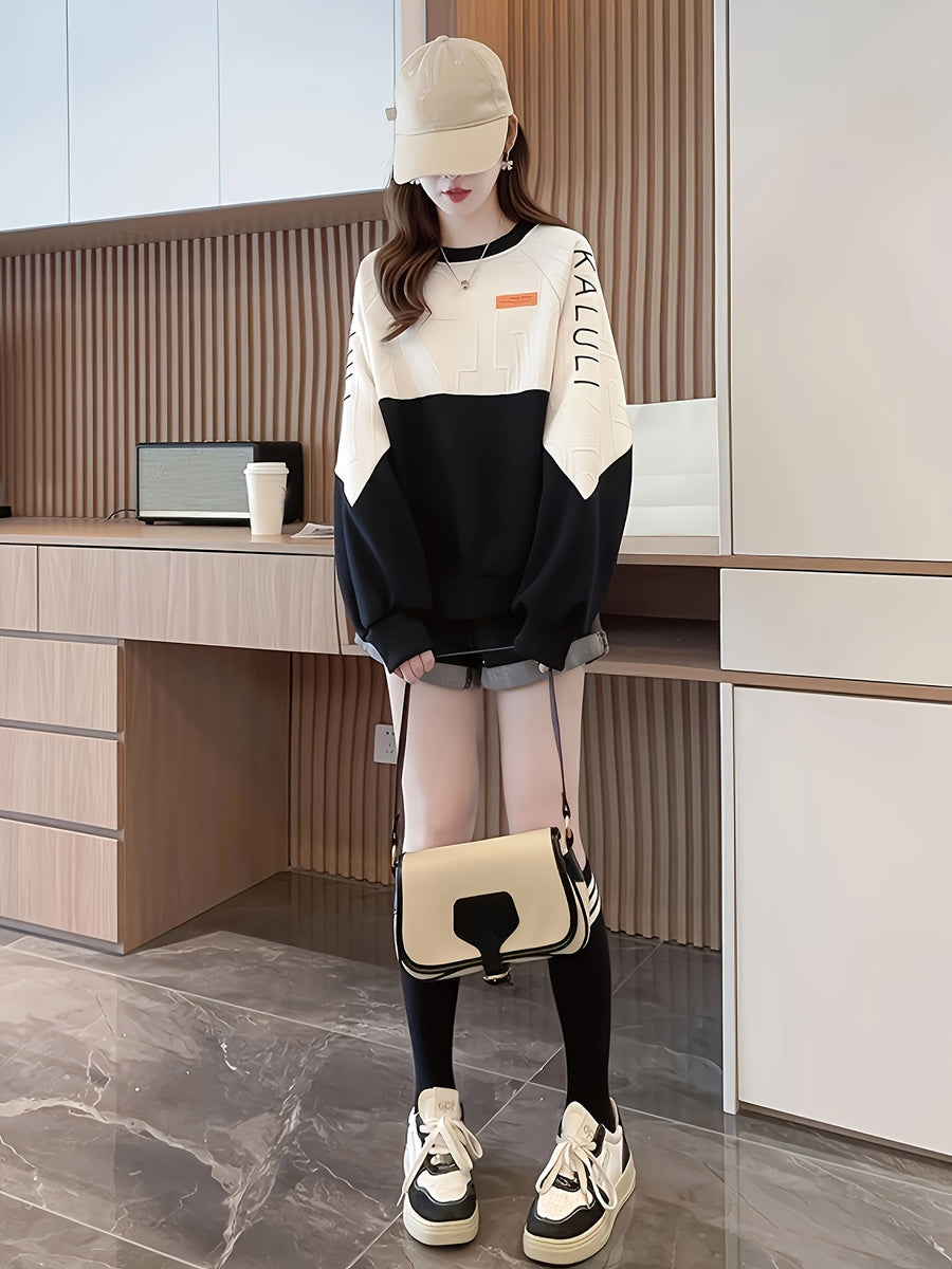 Spring/Autumn New Contrast Round Neck Textured Appliqué Letter Embroidered Sweatshirt Women'S - Black