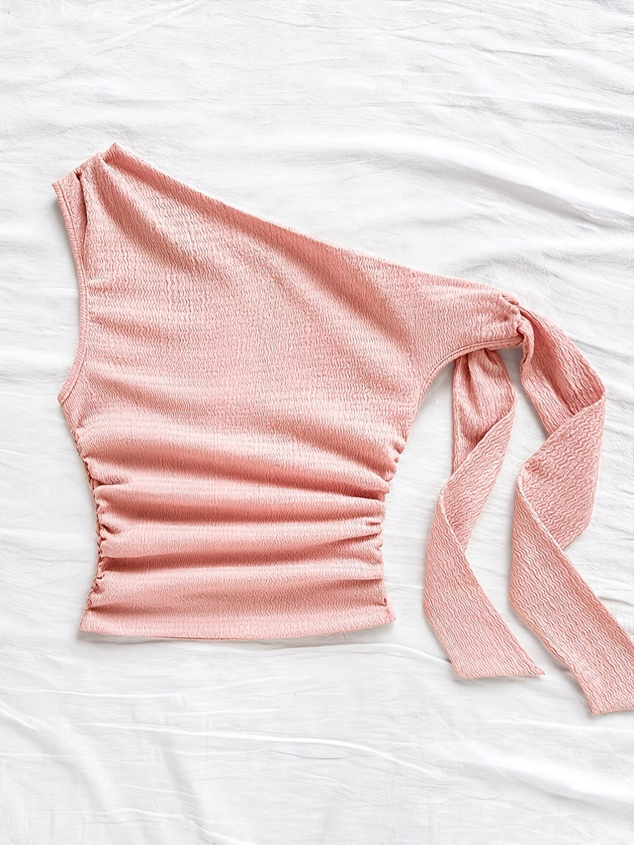 Sexy Asymmetrical Tie-Front Flowy Casual Slim-Fit Solid Color Women'S One-Shoulder Top for Spring And Autumn, Perfect for Parties, Vacations, Music Festivals, Bohemian Style, Holiday Dates, And Afternoon Tea - YTD Cherry - Pink