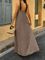 Elegant and Fashionable Women's Faux - Long Maxi Dress with Contrasting Colorblocking and A-line Hem, Featuring Crisscross Spaghetti Straps. Comfortable for Casual Outings, Vacations, Dates, and Romantic Beachwear, This Off-shoulder and Backless - Gray Coffee