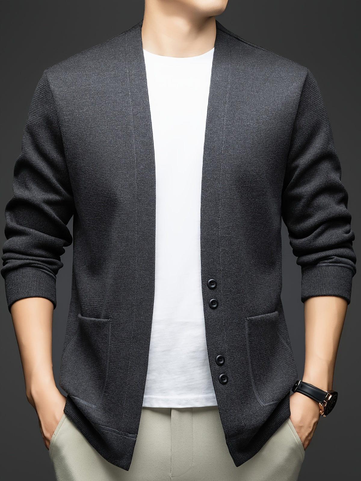 Winter Men'S Sweater, Solid Color, Fleece Lining, Thick, Warm, Comfortable, Home, Commuting, Casual, Versatile, Cardigan Sweater, Men'S K5478339081 - Dark Gray