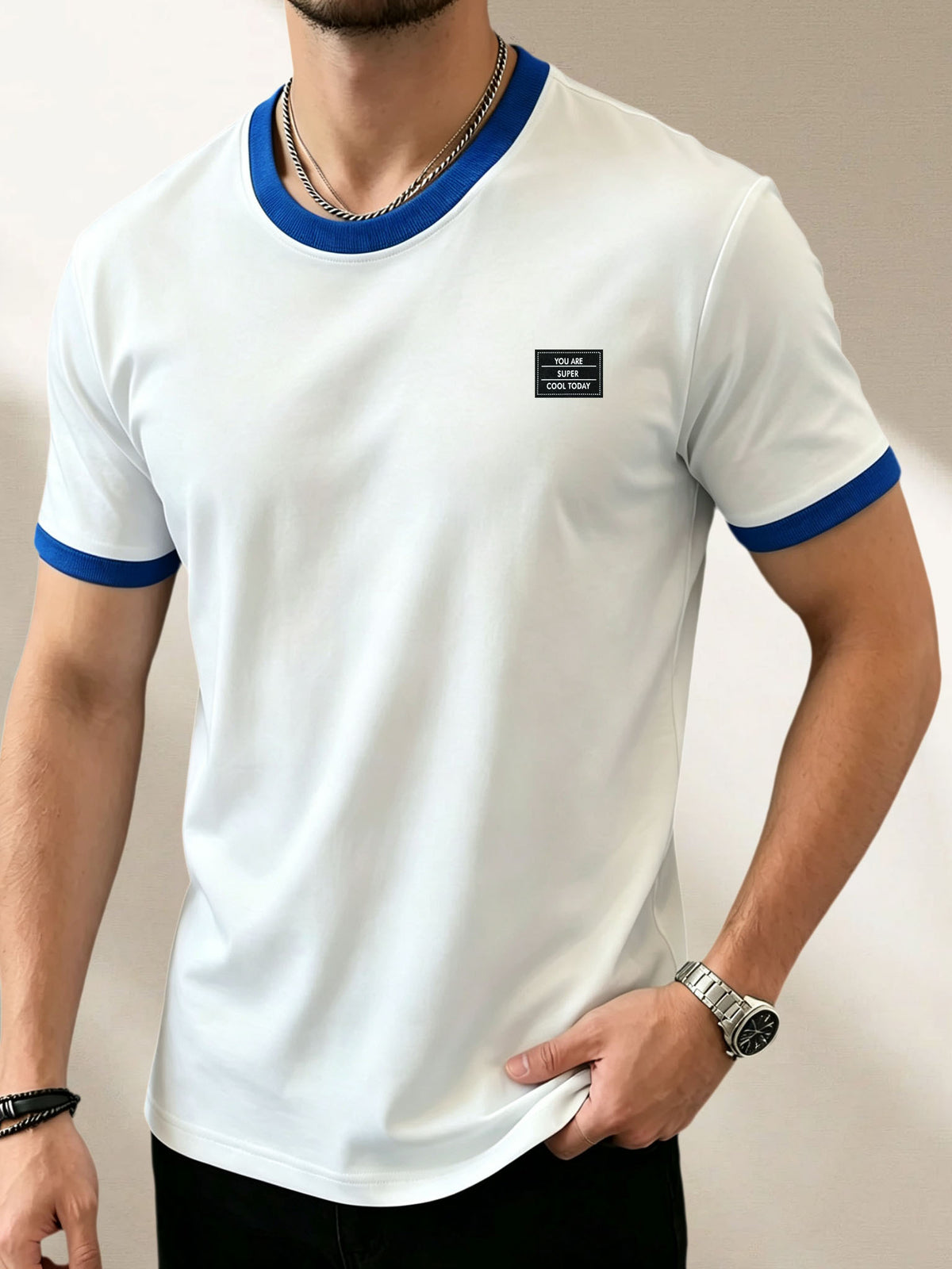 100%, Men'S Knitted Color-Block Round Neck Short-Sleeve T-Shirt, Summer Global All-Season Base Layer Factory Made Men'S Comfortable High-Fit Rate Casual Sports Contrast Patchwork Top - White Fight Blue