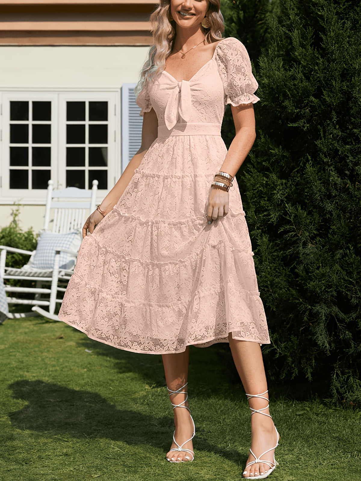 SOLLINARRY Women's Lace Dress with Sweetheart Neckline & Puffed Sleeves - Cinched Waist Midi Cake Skirt Evening Gown, Fitted Wedding Guest Dress Suitable for Parties, Prom, Special Occasions - Pale Pinkish Gray