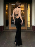 Spring And Summer Sexy Lace Butterfly Open Back Long Dress Birthday Cocktail Party Evening Dress Elegant - Black