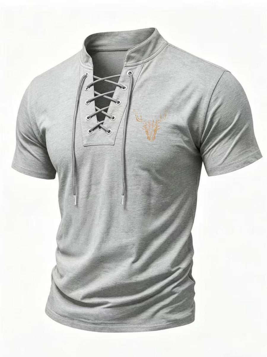 Men'S Henley Collar Cross-Strap Short Sleeve T-Shirt, Subtle Golden Stag Head Print, Delicate Skin-Friendly Fabric, Comfortable And Breathable Non-Tight Fit, Sophisticated Detail for Mature Style, Farewell to Dullness And Enhanced Premium Look - Light Grey
