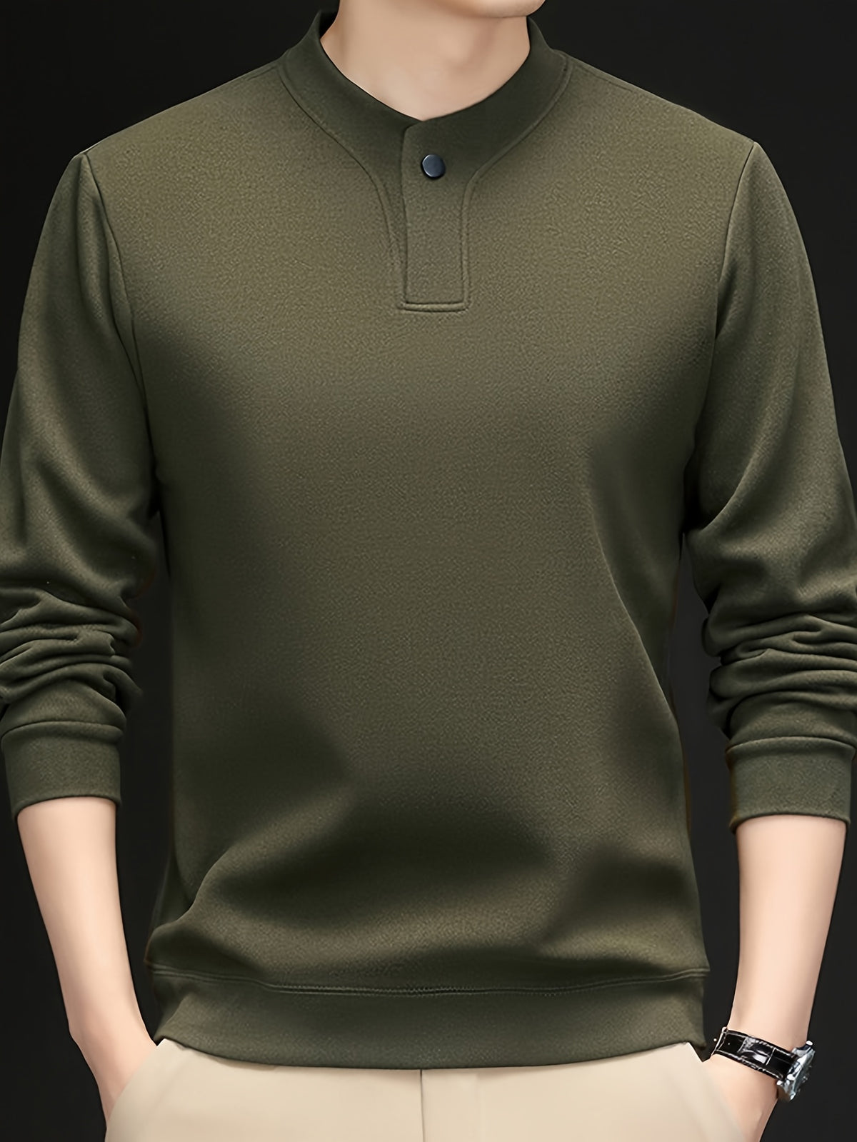Men'S Single-Button Henley Collar Fleece Long Sleeve Top, Solid Color Minimalist Design Without LOGO, Light Luxury Easy Men'S Style - SINBOS - Bean Green