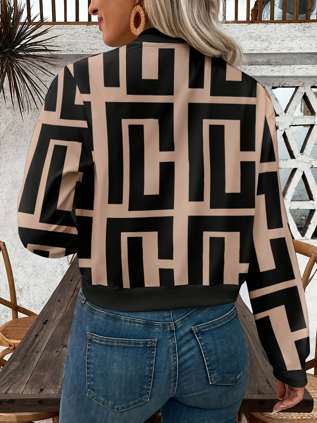 Women's Lightweight Geometric Print Zip-Up Bomber Jacket - Casual Long Sleeve, Machine Washable - Mixed colors