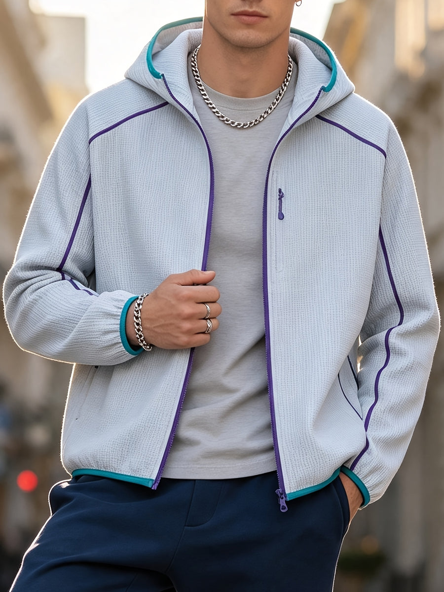 2026 New Men's Waffle Knit Textured Sport Jacket, Spring/Autumn Lightweight Hooded Outerwear, Suitable for Sports & Fitness, Outdoor Activities, Daily Home Wear, and Casual Outings - Light Grey