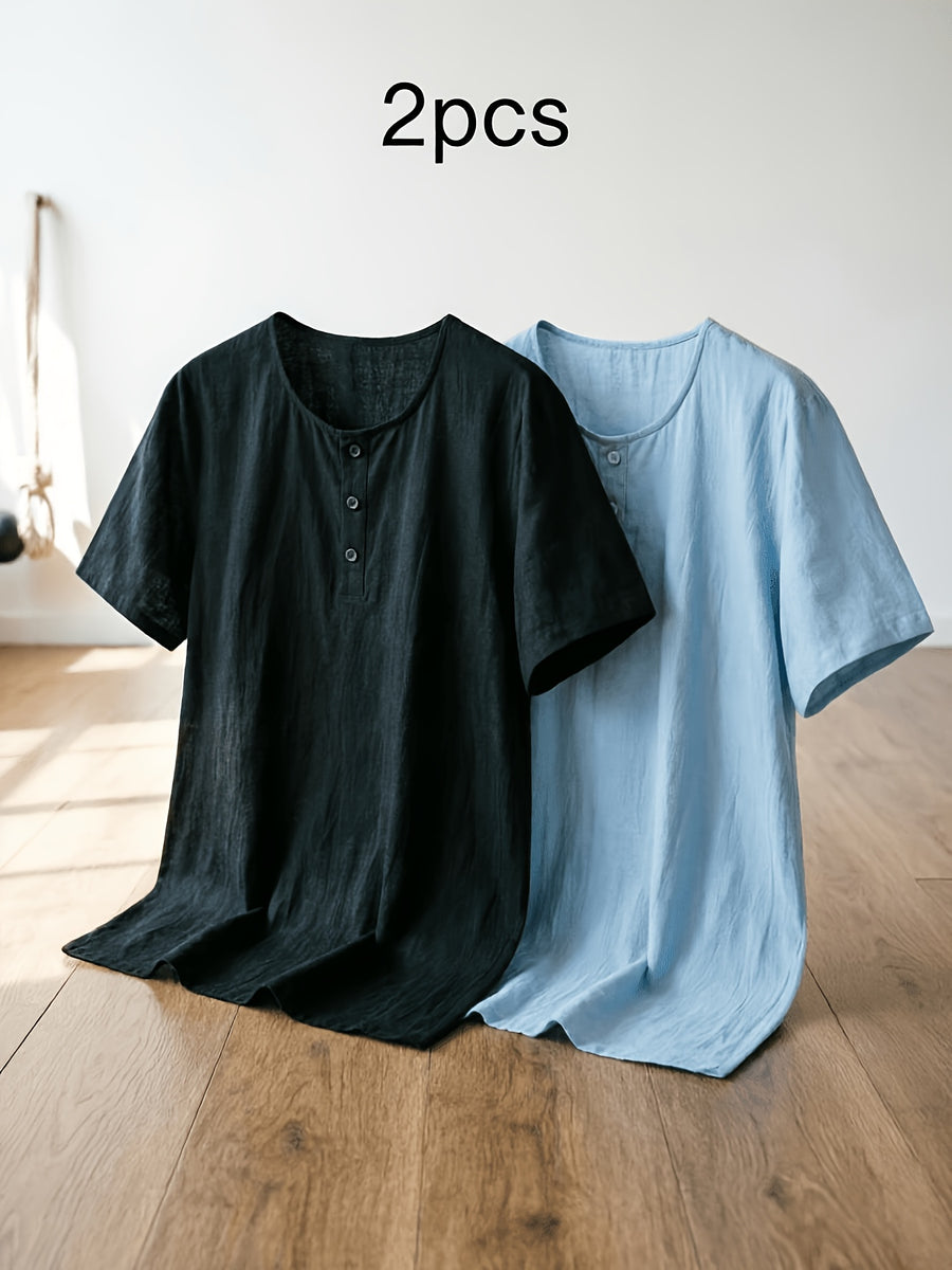 Summer Men's Linen Henley T-Shirts 2pcs, Loose Fit Short Sleeve Casual Tee, Breathable Lightweight Basic Tops for Daily Commute & Home Wear, Simple Versatile Design for Multi-Occasion. - Black+Sky Blue