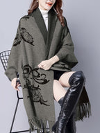 Pure Body Bust" Elegant Special Edition - 1pc Autumn/Winter New Arrival Women's Cardigan, Chinese Style Jacquard Color-Block Thickened Warm Windproof Batwing Sleeve Open Front Knitwear, Women's Elegant, Fashionable, and Versatile Fringe Shawl Sweater - Grey