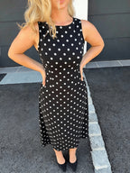 New Polka Dot Print Elegant Round Neck Sleeveless Dress - Black