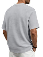 Men's Large Waffle Knit Chicken-Heart Neck T-Shirt - Loose Fit Short Sleeve Crew Neck Shirt with Hem Logo Decoration, Breathable Summer Casual & Sportswear, Solid Color Suitable for Gym, Casual Attire, Machine Washable - Grey