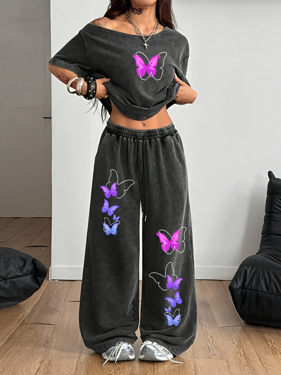 Y2K Vintage Washed 2pcs Sportswear Set - Off-the-Shoulder Top + Butterfly Print Loose Wide-Leg Pants, Sweet and Cool Street Style Women's Loungewear - Black