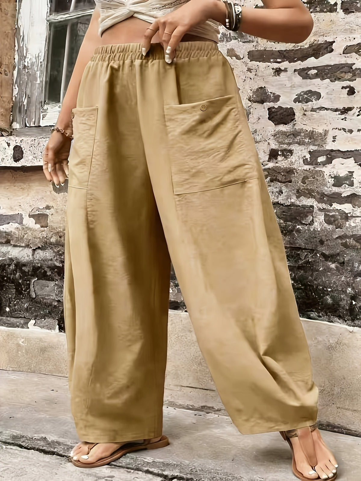 Plus Size, Plus Size Stylish Women's Solid Color Casual Pants, Elastic High Waist with Pockets, Loose Wide-Leg Trousers, Versatile Pants for Commuting and Vacation - Khaki