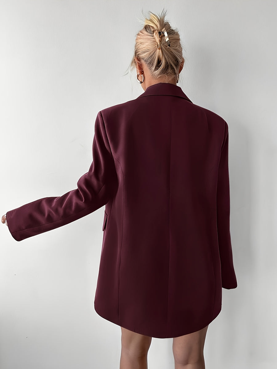 Women's Casual Loose Fit Shoulder Padded Mid-Length Double-Breasted Blazer, Women's Blazer, Women's Loose Fit Blazer - Burgundy