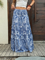 Women's Bohemian Summer Dress - Gypsy Print Maxi Skirt - High Waist, Flared A-Line with Geometric Pattern, Slim Fit Long Flowy Hem for Elegant Casual Beach and Outdoor Outfits - Royal Blue
