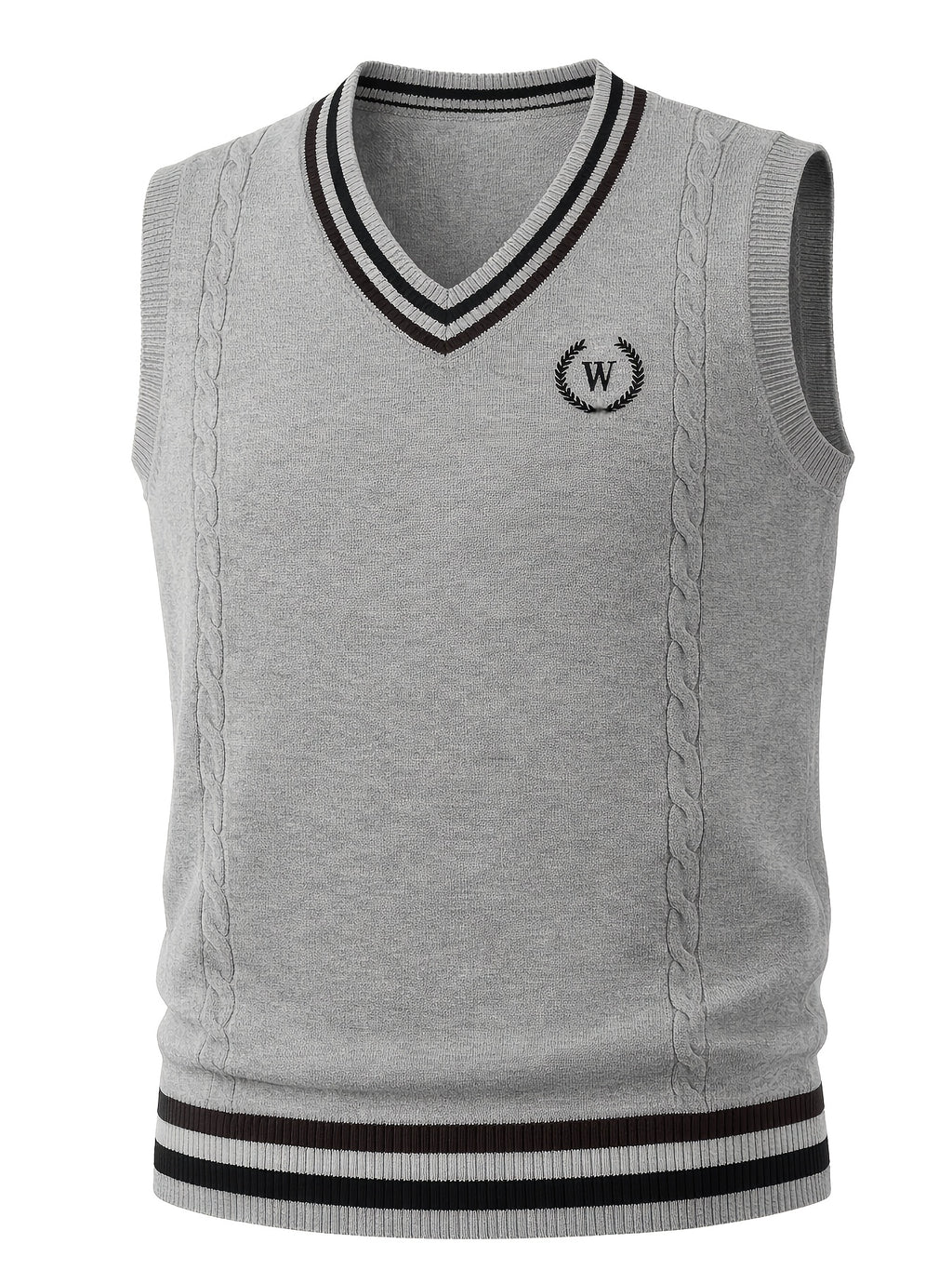 Men's Cable Knit Sweater Vest Sleeveless Striped Trim & Embroidered Logo Waistcoat - Preppy Business Casual Fall Winter Knit Vest Suitable for Office, Semi-Formal Wear, Layering Piece - Grey