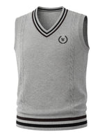 Men's Cable Knit Sweater Vest Sleeveless Striped Trim & Embroidered Logo Waistcoat - Preppy Business Casual Fall Winter Knit Vest Suitable for Office, Semi-Formal Wear, Layering Piece - Grey