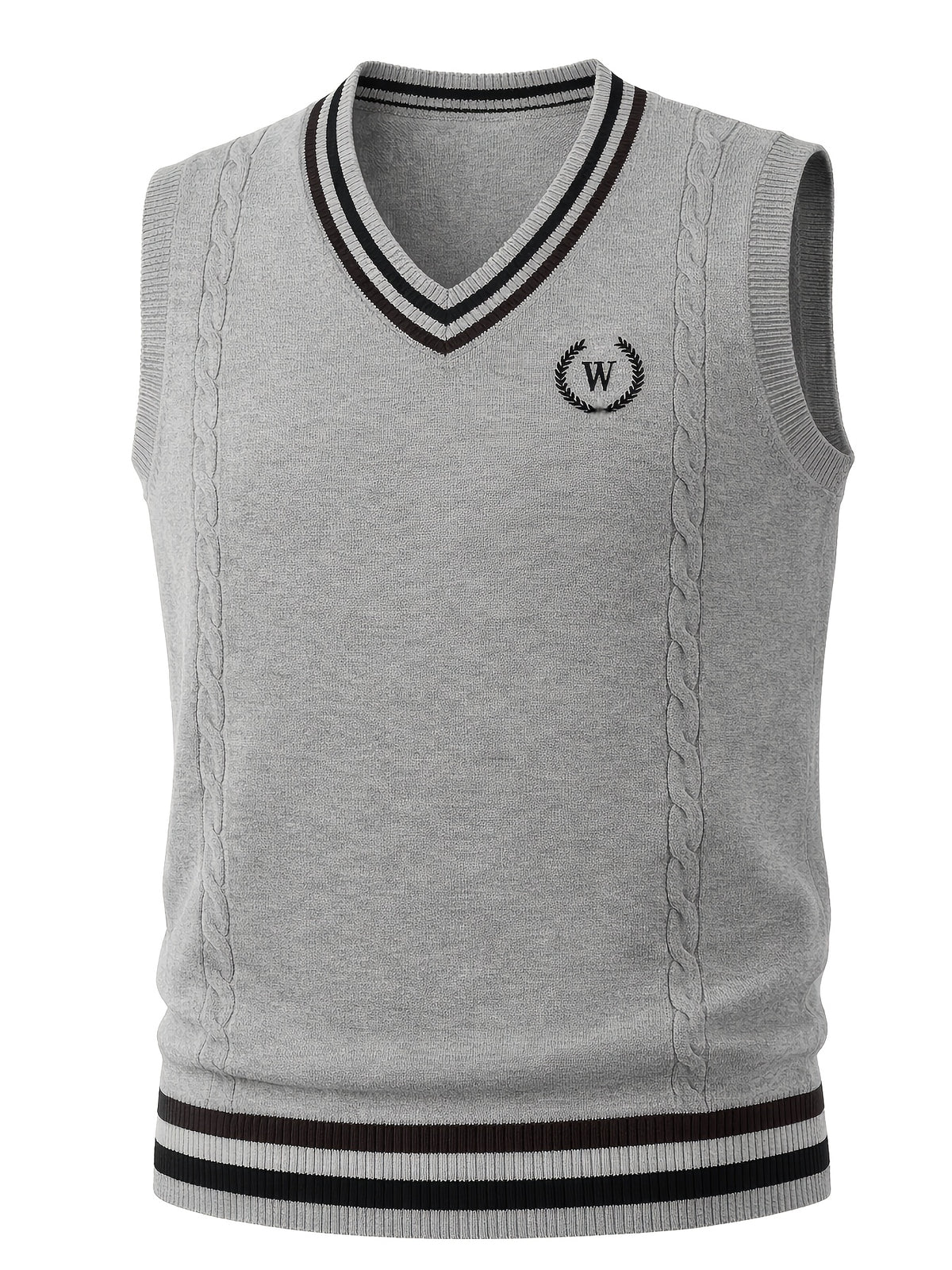 Men's Cable Knit Sweater Vest Sleeveless Striped Trim & Embroidered Logo Waistcoat - Preppy Business Casual Fall Winter Knit Vest Suitable for Office, Semi-Formal Wear, Layering Piece - Grey