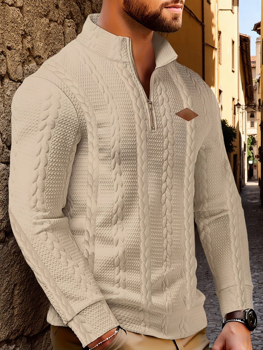 Men'S Casual Polo, Zip-Up Collar Pullover, Men'S Henley Shirt, High-Weight Fabric, Textured Material - Khaki