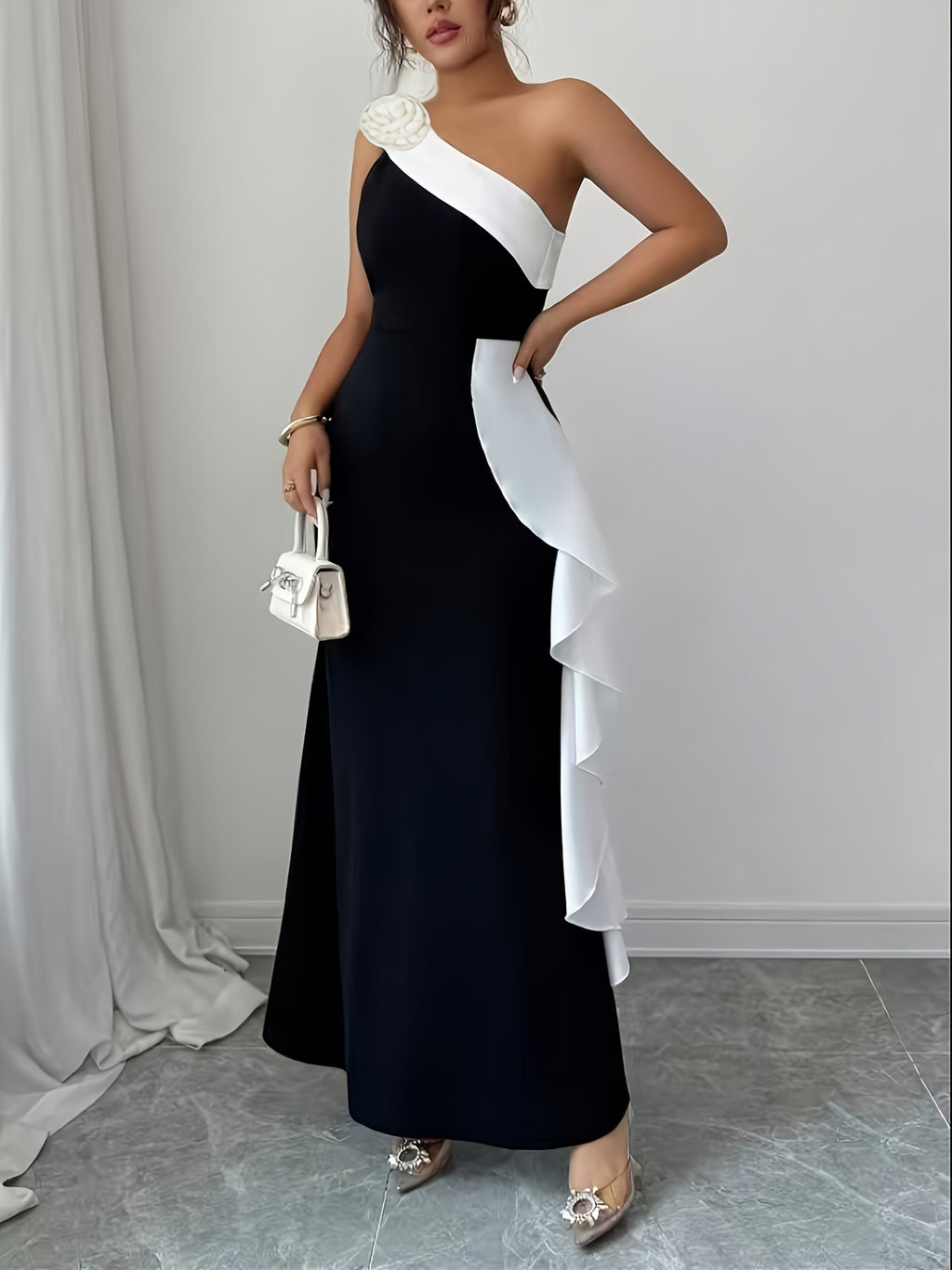 Romantic Fashionable Exquisite Black-And-White Color Block Evening Gown Women'S Elegant 3D Floral Streamer Decoration Asymmetric Shoulder Neckline Asymmetric Design Sexy Tailored Waist-Cinched Bodycon Long-Length Dress Bridesmaid Dress Women'S - Black