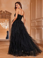 Romantic Strapless Wedding Dress, Bridal Gown with Tiered Ruffled Tulle Skirt And A-Line Cut - Perfect for Classic Weddings, Graduation Gowns, Evening Receptions, Birthday Women'S Attire - Black
