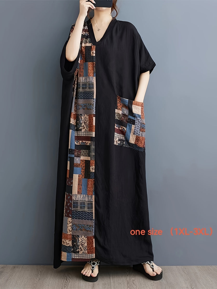 Plus Size V-Neck Floral Print Patchwork Robe Dress with Pockets - Lightweight Non-Stretch Fabric for Women, Spring Summer Fall Casual Home Lounge Wear - Mixed colors