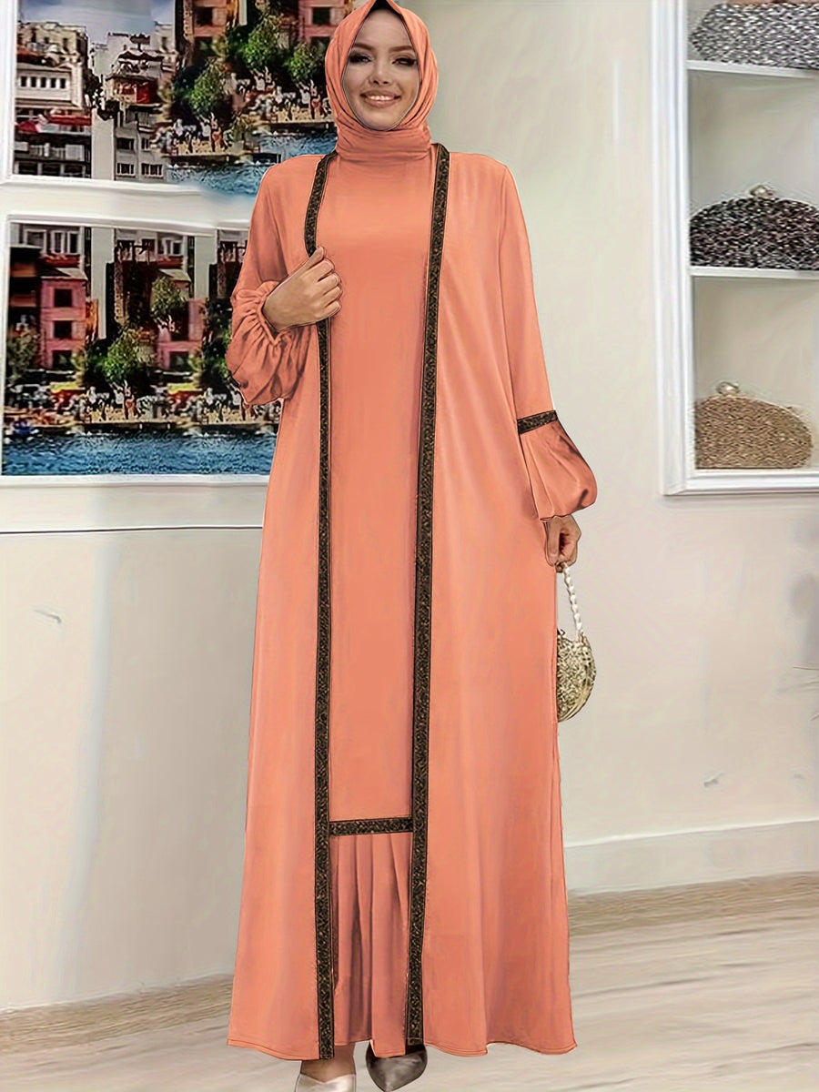 Women'S Middle Eastern Muslim Solid Color Vest Dress + Coat Two-Piece Set - Coral