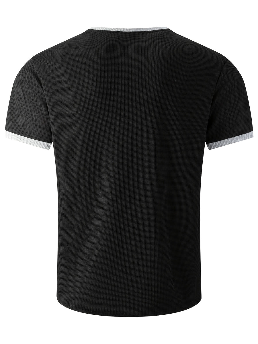 Men'S Solid Waffle Knit V-Neck Tee, Contrast Edge Short Sleeve Casual Daily T-Shirt - Black