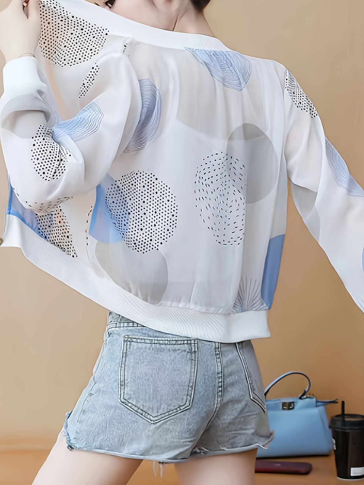 Summer Lightweight Geometric Polka Dot Print Cropped Jacket, Loose Fit, Breathable, Casual Outerwear - Mixed colors