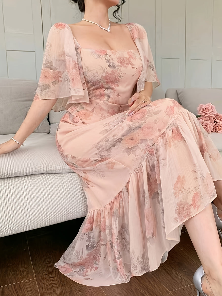Women's Dress, Small Floral Elegant Dress, Women's Short Sleeve Holiday Dress - Pale Pinkish Gray