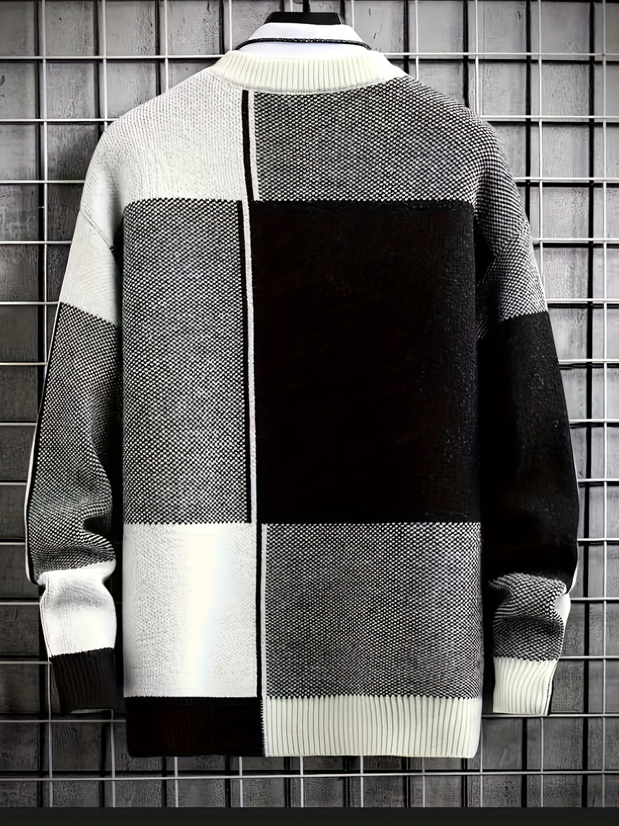 Men's Color-Block Sweater Fall Winter Warm Round Neck Sweater Suitable for Daily Wear & Layering, Color-Blocking with Ribbed Collar, Hand Washable Stretchable Sweaters for Office, Casual Outfits - Black