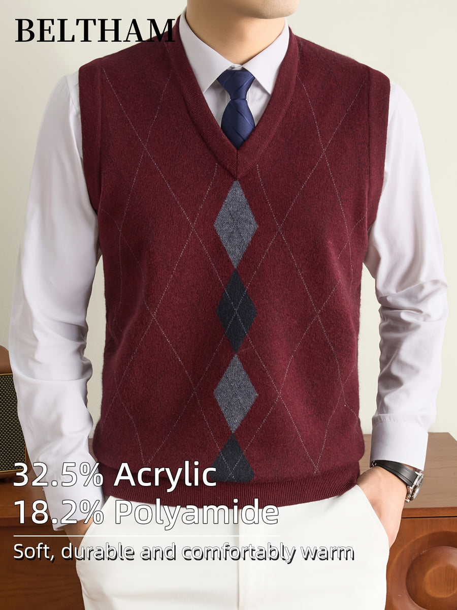 New Autumn Winter Men Sleeveless Knit Vest, Ideal Gift for Dad And Husband, V Neck Pullover Design, Warm Cold Resistant Soft Comfortable Sweater Waistcoat, Minimal Elegant Versatile Top for Daily Casual Business Sports Camping Wear - Burgundy