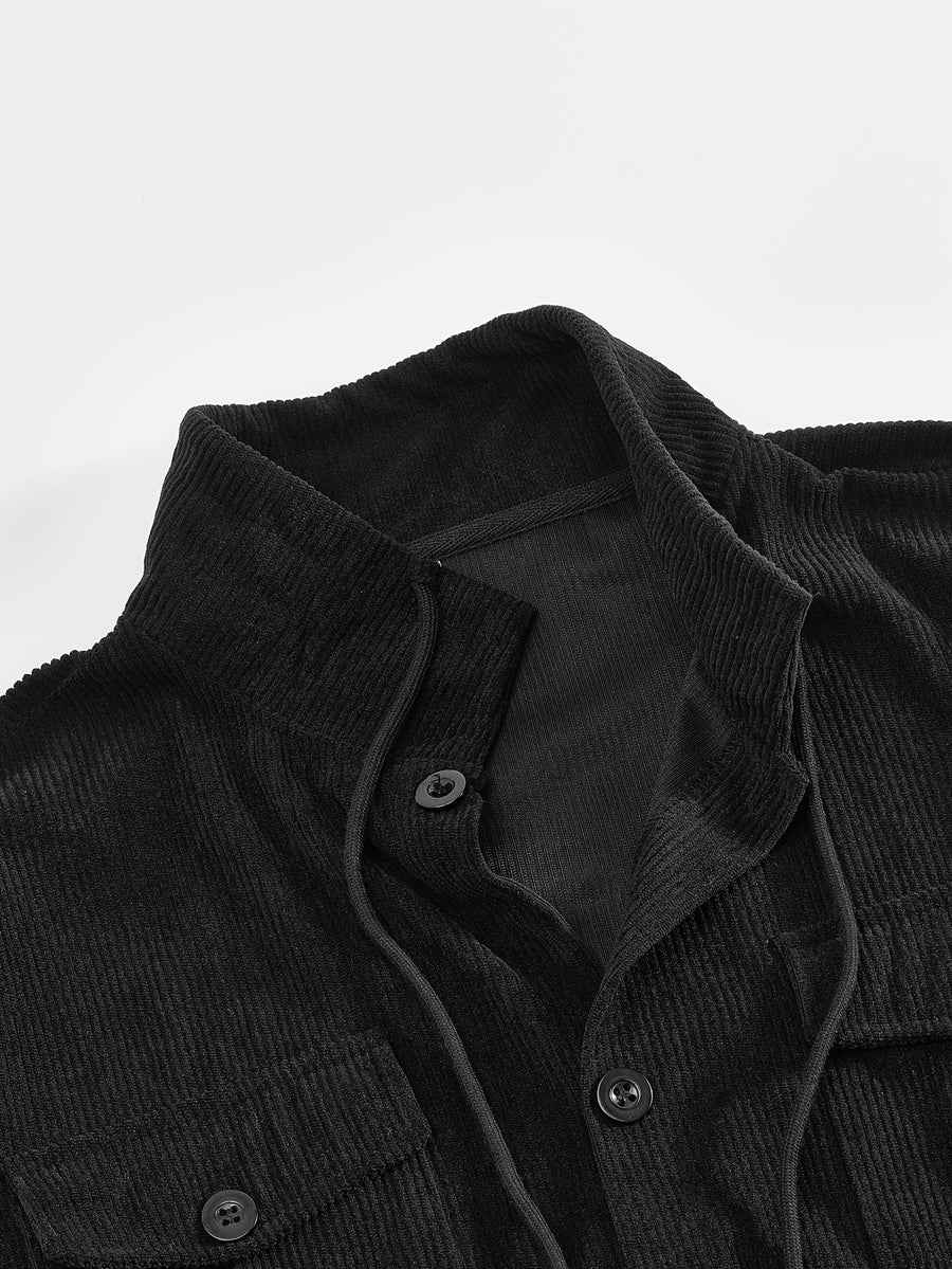 Men'S Corduroy Button-Up Shirt with Pocket And Drawstring Detail, Casual Long Sleeve Blouse for Daily Street Style, Gift Idea - Black