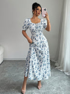 Oil Painting Style Blue White Floral Dress New Square Neck Drawstring Puff Sleeve European Country Pastoral Style Outfit Gentle Atmosphere Women'S Dress - Blue And White